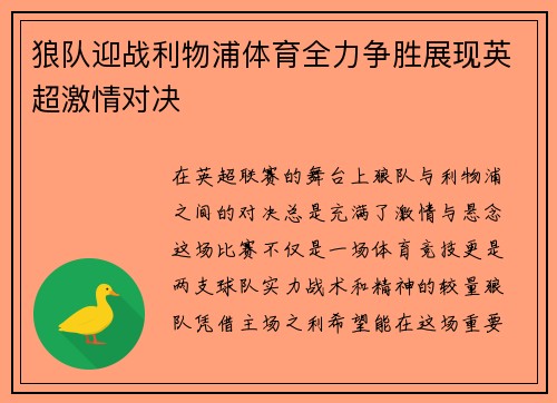 狼队迎战利物浦体育全力争胜展现英超激情对决